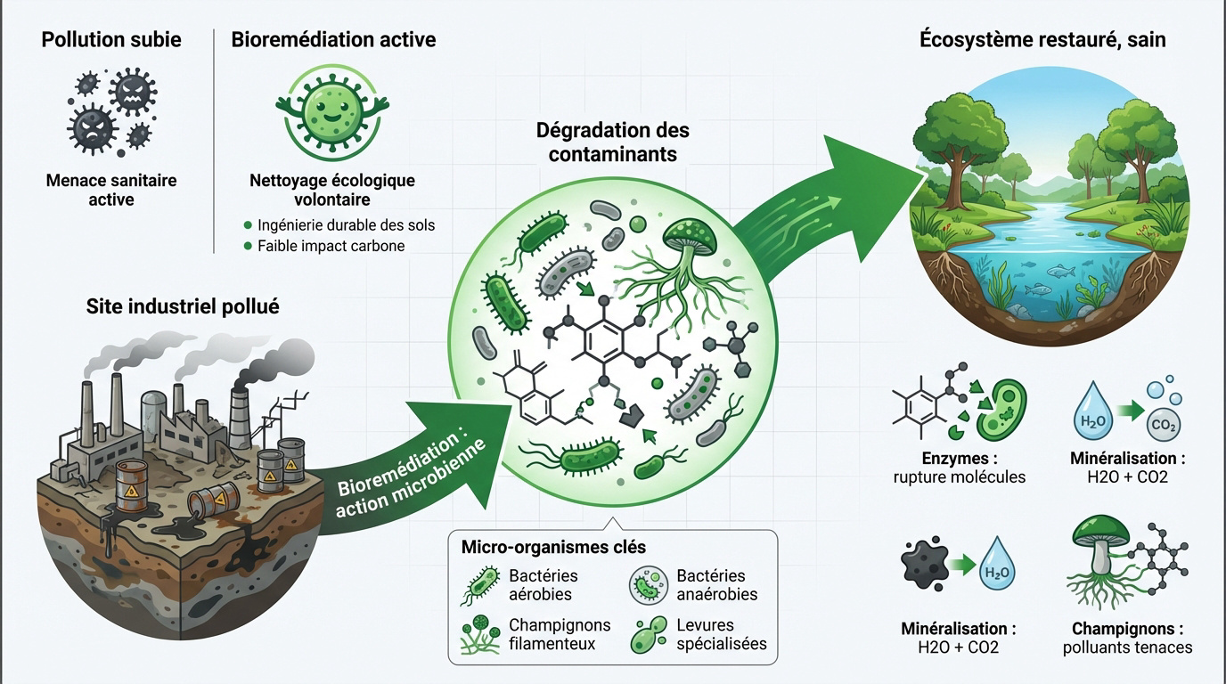 Processus de bioremédiation transformant un site pollué en écosystème sain