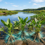 Plantes aquatiques aux racines bleues lumineuses sur la berge d'une rivière verdoyante sous un ciel bleu. Illustration de dépollution.
