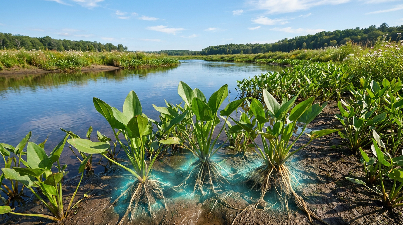 Plantes aquatiques aux racines bleues lumineuses sur la berge d'une rivière verdoyante sous un ciel bleu. Illustration de dépollution.
