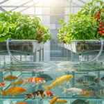 Système aquaponique: aquarium de poissons variés (koï, tilapias) sous des bacs de laitue, basilic, menthe et tomates, racines visibles.